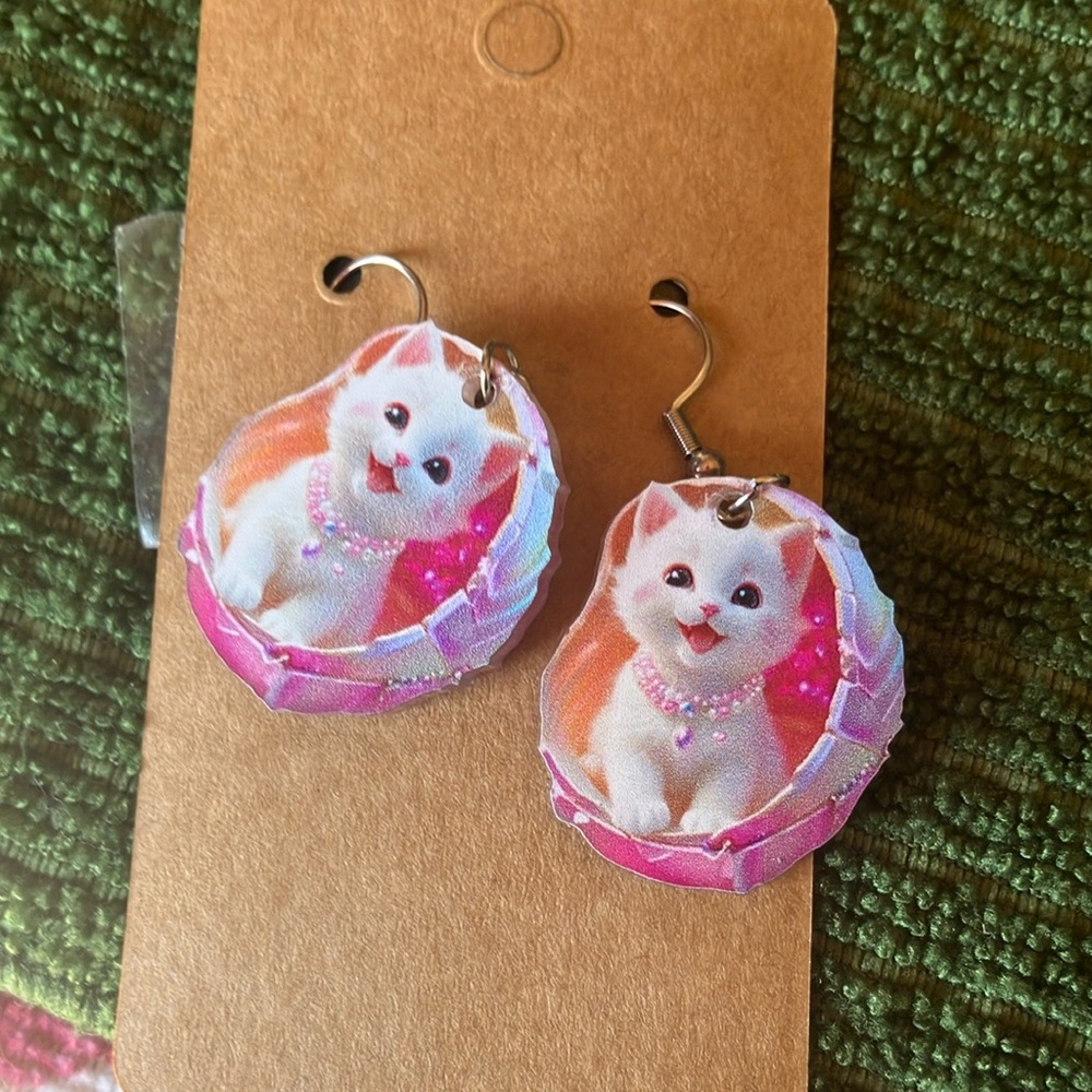 Cute Cat Earrings with Pink Accents